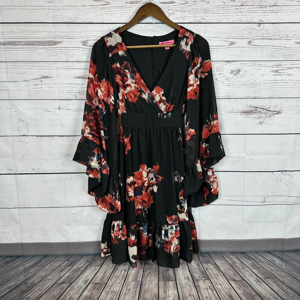 Betsy Johnson Dress Womens 8 Black Floral Ruffle Layered Baby Doll Bambi